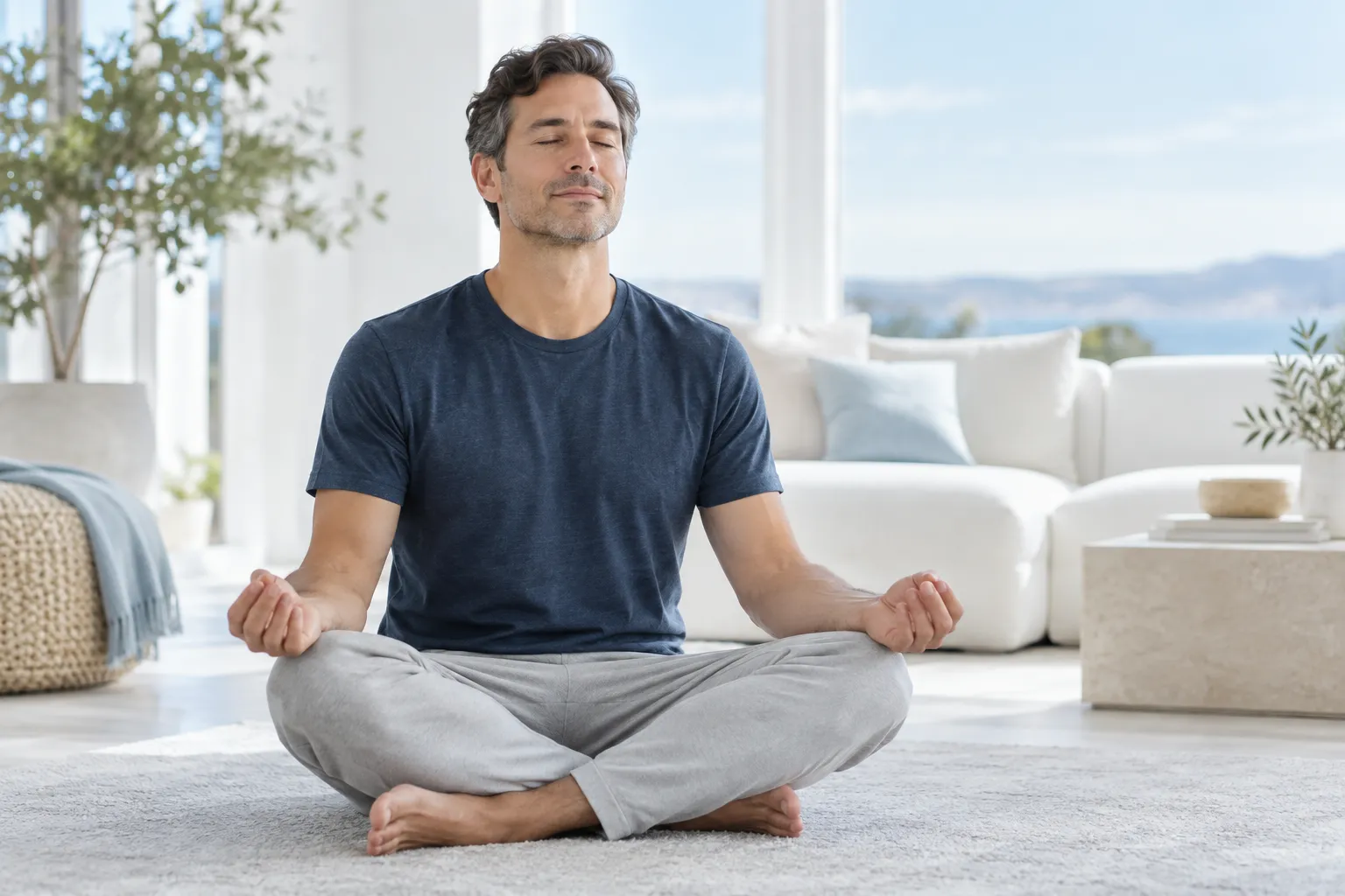 Man meditating calmly in a bright living room