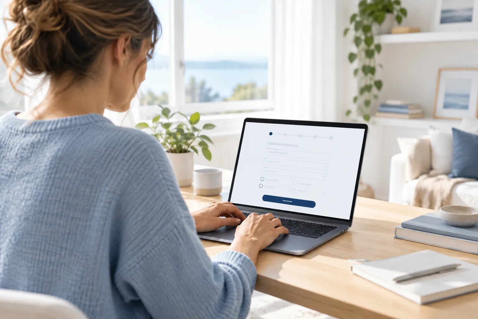 Woman completing an online intake on her laptop
