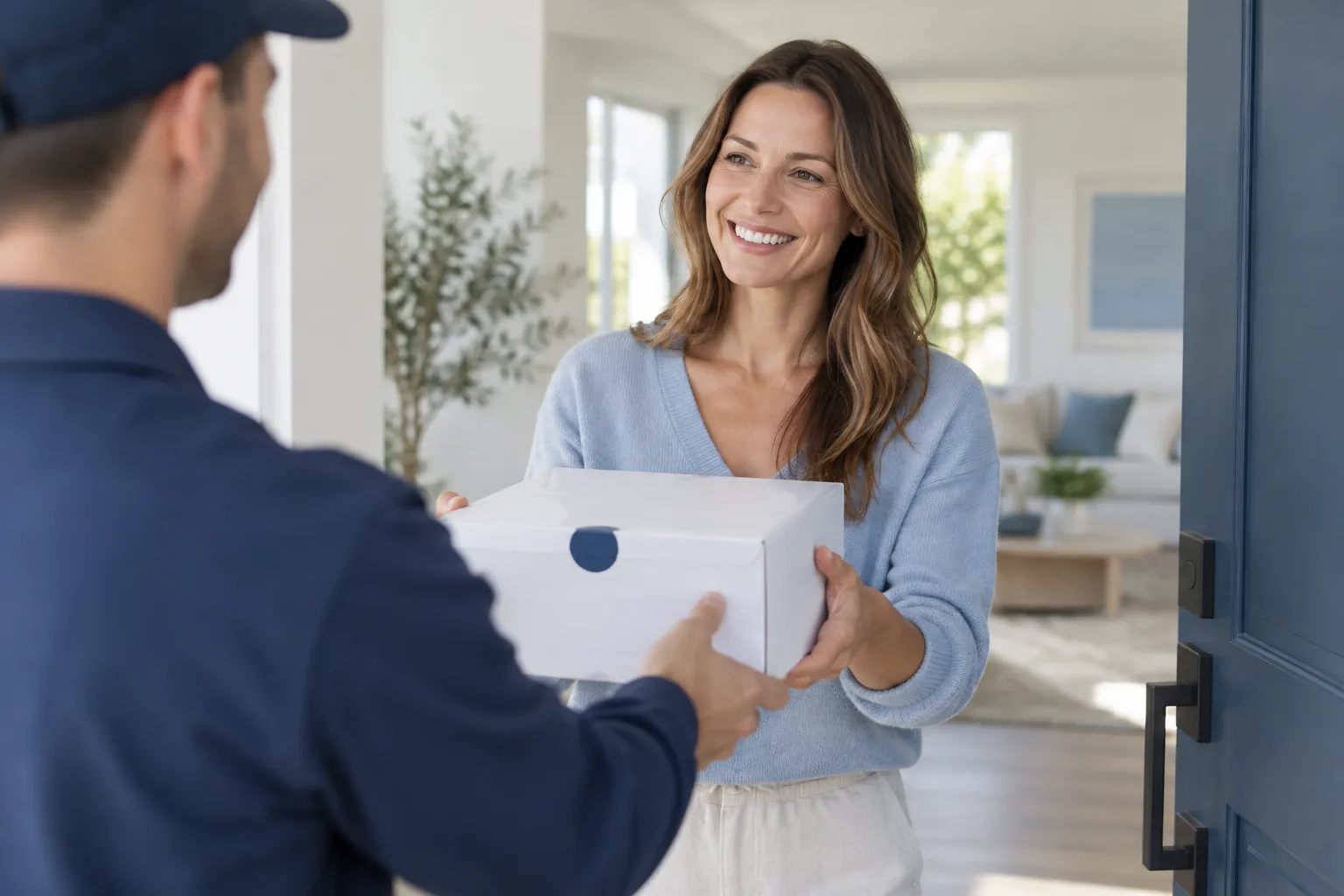 A plain package being delivered to a front door
